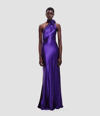  Fioletowa, satynowa maxi sukienka z wiązaniem. Purple maxi gown dress 