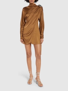 Drapowana, luźna sukienka ze złotą, metalową broszką. 2 kolory. Drapped mini dress with gold metal brooch