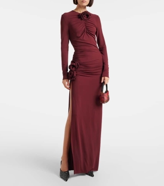 Bordowa, długa sukienka z lycry z różami. Wine red long lycra dress with roses 